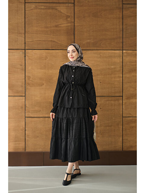 Locco Moda Kadın Beli Ayarlanabilir Nakış Detaylı Takım Siyah