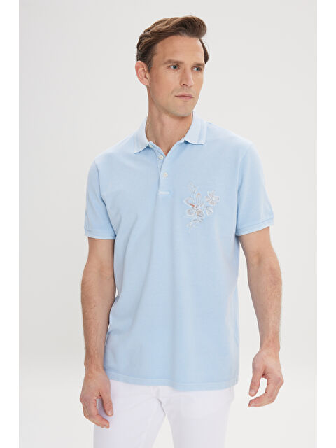 Altınyıldız Classics Erkek Açık İndigo Slim Fit Dar Kesim %100 Pamuk Baskılı Polo Yaka Tişört