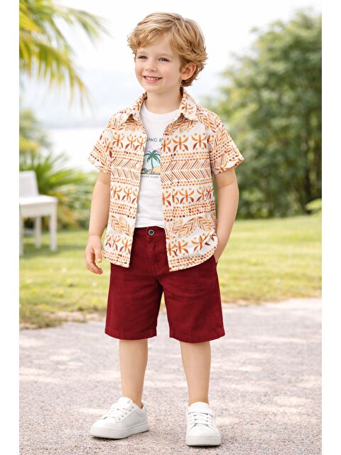 cassolını Tarz Gömlek Yaprak Desenli Belden Ayarlanabilir Kısa Kollu Şortlu 3'lü Takım Çocuk ve Bebek Giy