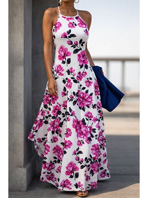 Jane's Kadın Omuzlardan Açık Ip Askılı Desenli Uzun Süprem Elbise