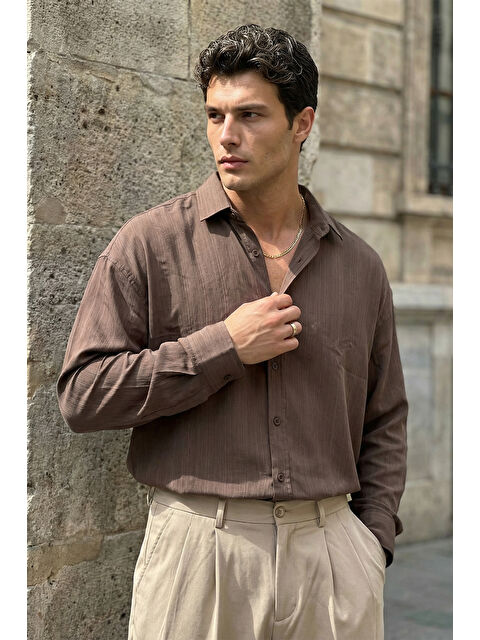 Livio Ferri Hive Premium Oversize Erkek Gömlek Kendinden Çizgili