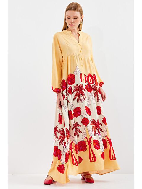 Bigdart Kadın Sarı Kırmızı Viskon Tesettür Elbise 2423 - S000089420-20072