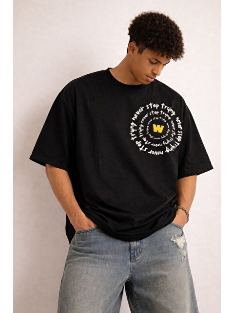 Tarz Cool Erkek Oversize Tişört Never Stop Trying Baskılı Salaş Kalıp