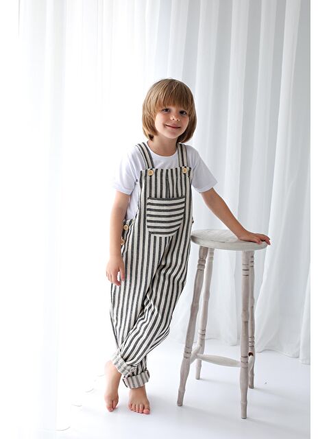 Catz Kids Erkek Çocuk Siyah Beyaz Çizgili Keten Velvet Tulum - S000176507-37246