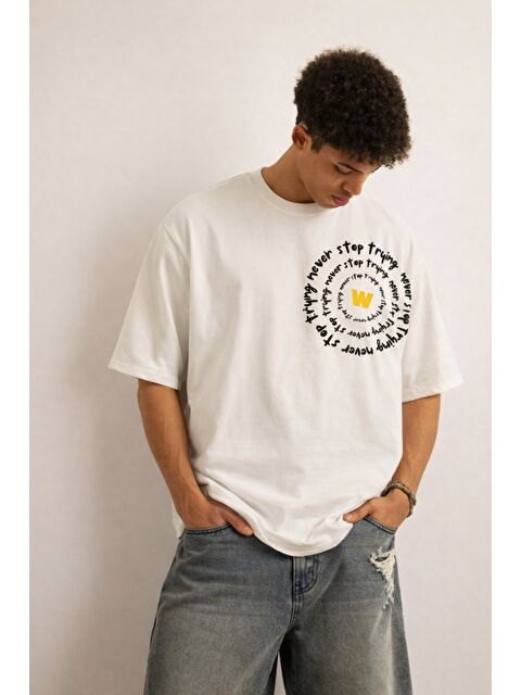 Tarz Cool Erkek Oversize Tişört Never Stop Trying Baskılı Salaş Kalıp