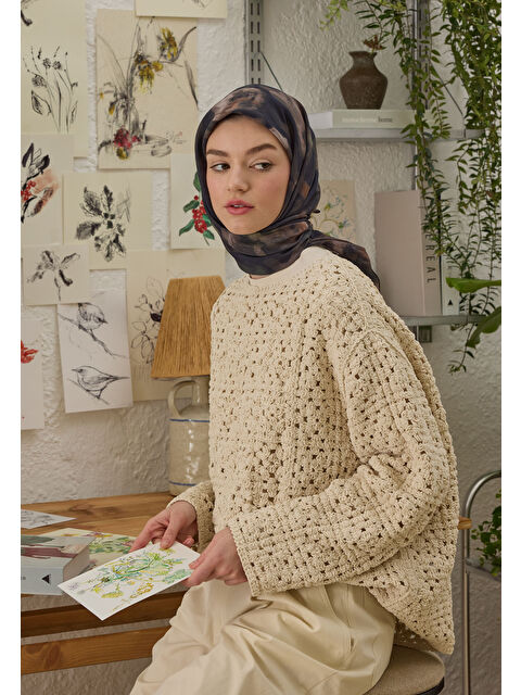 Fresh Scarfs Rosalıe Desen Pamuk İpek Eşarp Lacivert - S000458385-21164