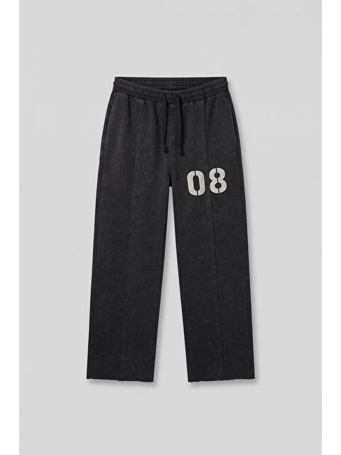 Abluka Online Erkek Baggy Fit Vintage Yıkamalı 08 Baskılı Eşofman Altı Siyah