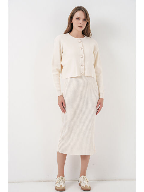 Bigdart Kadın Hırka Elbise Triko İkili Takım 15960 - Ekru - S000473604-19965