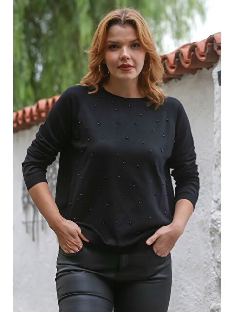 Chiccy Siyah Yuvarlak Yaka Uzun Kol İnce Boncuklu Triko Bluz 68 66 - S000468946-19351