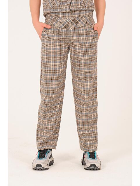 JAZZİEE Genç Kız Çocuk Ekose Desenli Dokuma Pantolon - Kahve - S000315717-19413