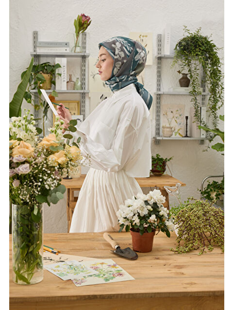 Fresh Scarfs Celına Desen Pamuk İpek Eşarp Petrol Yeşili - S000458392-4128