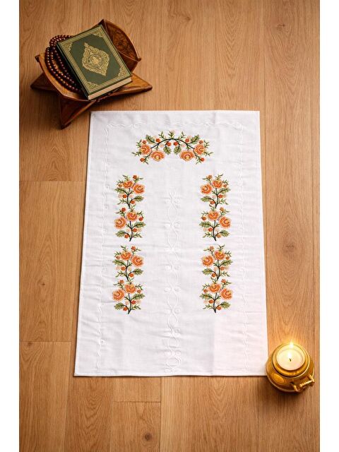 Çeyiz Diyarı Kanaviçe İşlemeli Gardenya 70x135 cm Seccade Turuncu