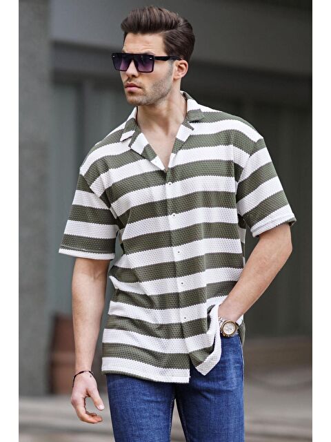 Madmext Haki Çizgili Kısa Kollu Erkek Gömlek 6728 - S000146803-18547