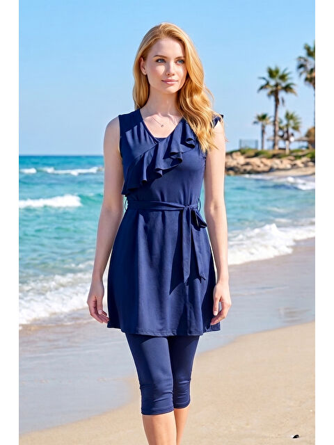 Haliç Mayo Sıfır Kol Şortlu Elastanlı Yarı Kapalı Mayo 24199 Lacivert