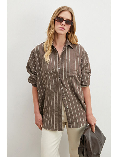 Never More Çizgili Cepli Modal Gömlek Kahve