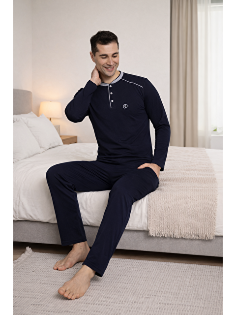 Formo PREMIUM Erkek %100 Doğal Pamuk Biyeli Yüksek Kaliteli Düğmeli Uzun Kollu Pijama Takımı