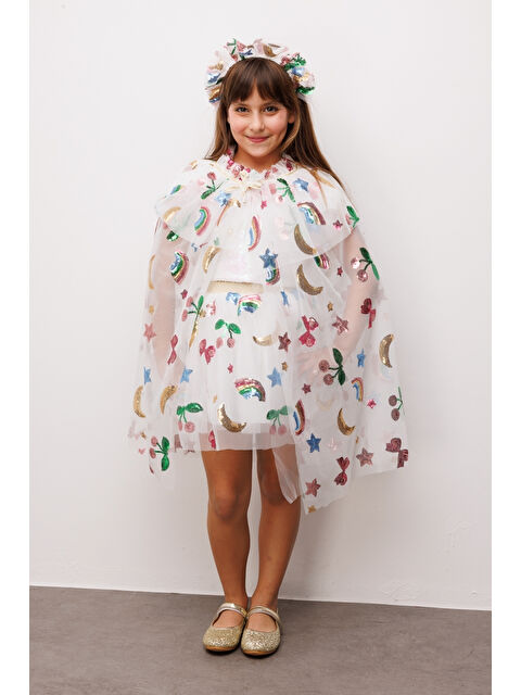 Le Mabelle Beyaz Pullu ve Kiraz Desenli Kız Çocuk Parti Pelerin Taç Set