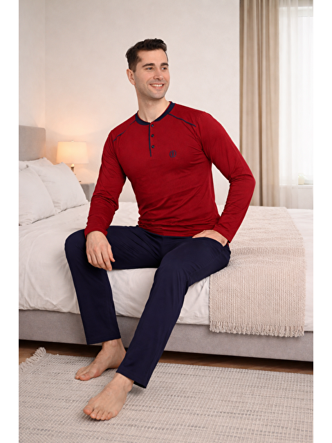 Formo PREMIUM Erkek %100 Doğal Pamuk Biyeli Yüksek Kaliteli Düğmeli Uzun Kollu Pijama Takımı