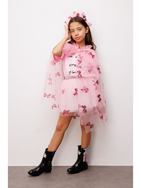 Le Mabelle Pembe Pullu Fiyonk Desenli Kız Çocuk Parti Pelerin Taç Set