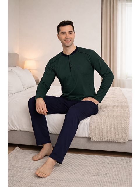 Formo PREMIUM Erkek %100 Doğal Pamuk Biyeli Yüksek Kaliteli Düğmeli Uzun Kollu Pijama Takımı