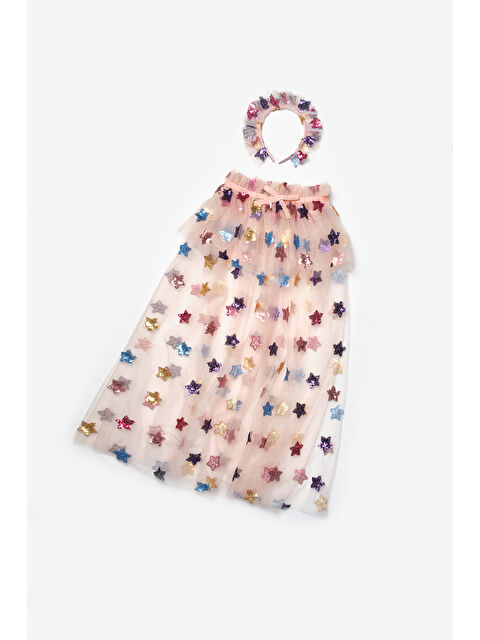 Le Mabelle Pudra Pullu Yıldız Desenli Kız Çocuk Parti Pelerin Taç Set