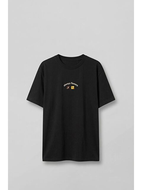 Abluka Online Erkek Oversize Minimal Çiçek Nakışlı T-Shirt Siyah