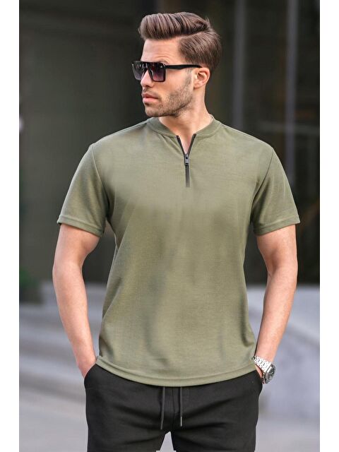 Madmext Haki Yeşili Fermuar Yaka Erkek Tişört 6086 - S000016006-18547