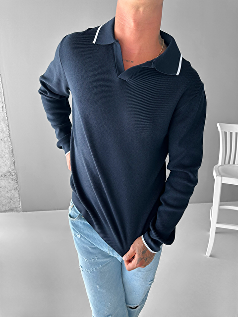 Abluka Online Erkek Polo Yaka İnce Fitilli Kazak Lacivert - S000295107-21164