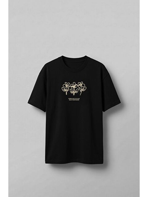 Abluka Online Erkek Oversize Çiçek Nakışlı T-Shirt Siyah