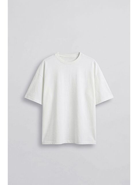 Abluka Online Erkek Oversize Basic %100 Pamuklu T-Shirt Ekru