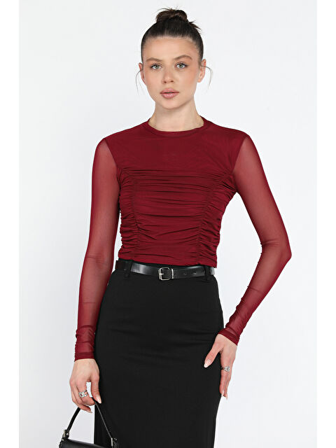 Gülseli Bisiklet Yaka Ön Büzgülü Transparan Kadın Crop Bluz - S000361040-20036