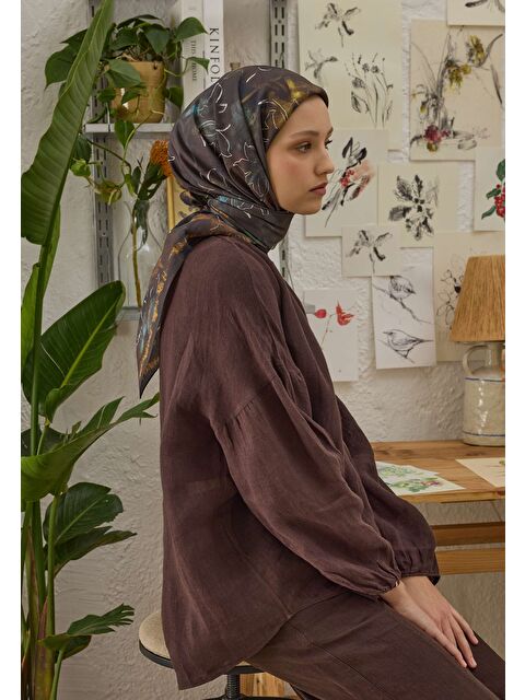 Fresh Scarfs Lotus Desen Pamuk İpek Eşarp Kahve - S000458377-28102