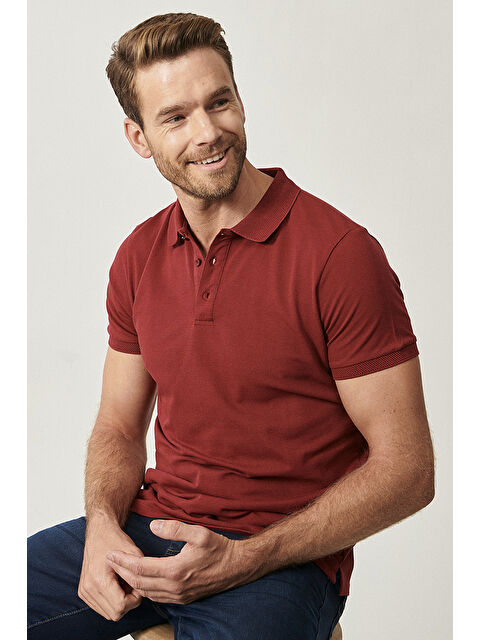 AC&Co / Altınyıldız Classics Erkek Bordo Slim Fit Dar Kesim Polo Yaka %100 Pamuk Kısa Kollu Tişört - S000394291-19951