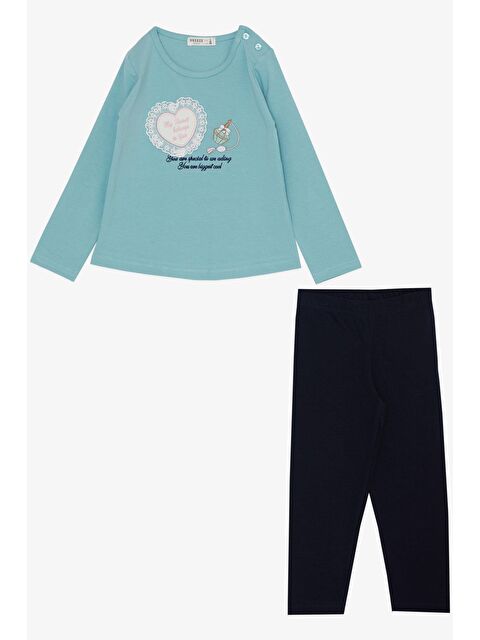 Breeze Kız Çocuk Taytlı Takım Parfüm Şişesi Nakış Baskılı Güpürlü Kalpli Su Yeşili (1.5-4 Yaş) - S000146815-20054