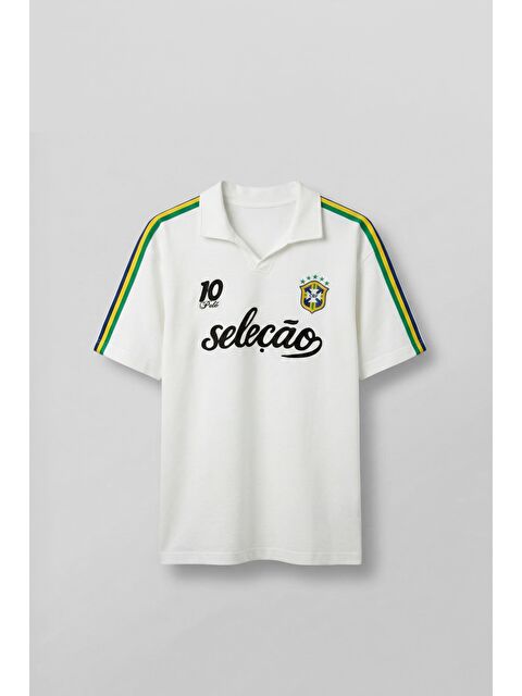 Abluka Online Erkek Regular Fit Nakış Detaylı Polo Yaka Forma T-Shirt Ekru