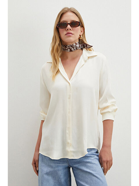 Never More Viskon Saten Gömlek Ekru