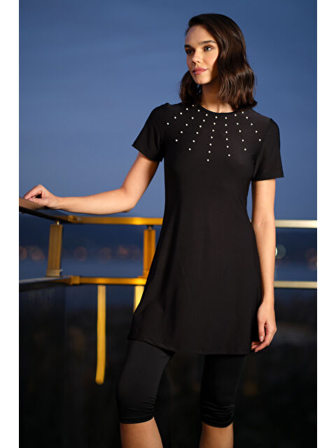 Haliç Mayo Kısa Kollu Taytlı Elastanlı Boncuk Detay Yarı Kapalı Mayo 24198 Siyah