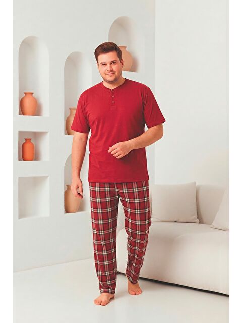 Formo Erkek %100 Doğal Pamuk Ekoseli Kısa Kollu Düğmeli Yüksek Kaliteli Battal Pijama Takımı - S000526754-19951