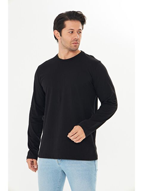 TRENDHILL Büyük Beden Erkek Pamuklu Bisiklet Yaka Uzun Kollu Tişört Siyah 5020B-S - S000526755-19351