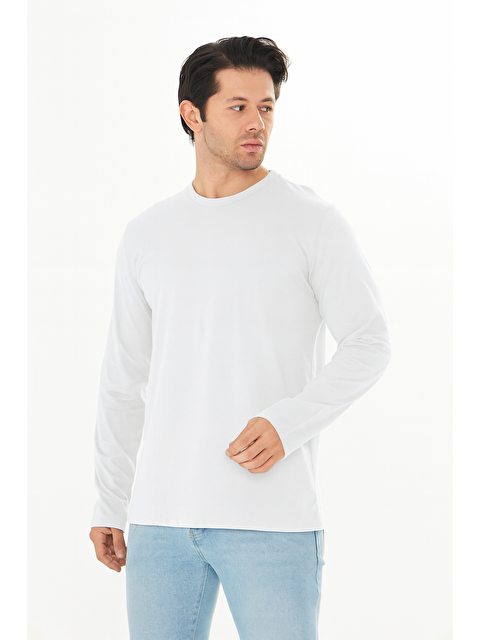 TRENDHILL Büyük Beden Erkek Pamuklu Bisiklet Yaka Uzun Kollu Tişört Beyaz 5020B-B - S000526755-20063