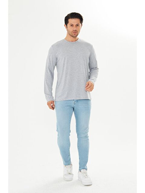 TRENDHILL Büyük Beden Erkek Pamuklu Bisiklet Yaka Uzun Kollu Tişört Gri Melanj 5020B-G - S000526755-74