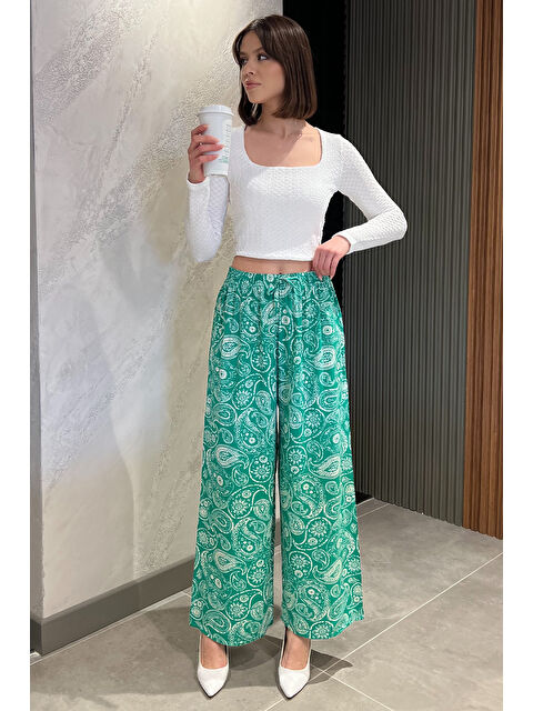 Gülseli Kadın Bol Paça Desenli Viskon Yürüyüş Pantolonu - S000361045-18194