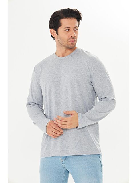 TRENDHILL Erkek Pamuklu Bisiklet Yaka Uzun Kollu Tişört Gri Melanj 5020-G - S000526756-74