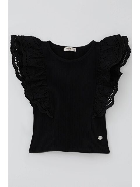 Breeze Kız Çocuk Tişört Güpürlü Çiçek & Yaprak Nakışlı Siyah (6-12 Yaş)