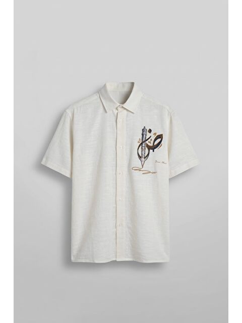 Abluka Online Erkek Oversize Nakış Detaylı Pamuklu Kısa Kollu Gömlek Ekru