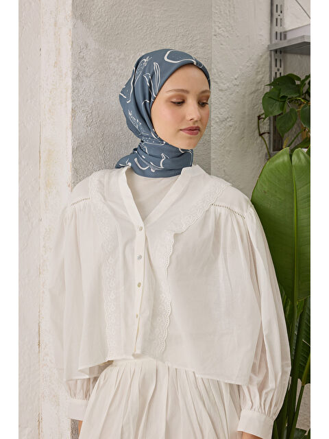 Fresh Scarfs Eloıse Desen Pamuk İpek Eşarp Mavi - S000458373-17234