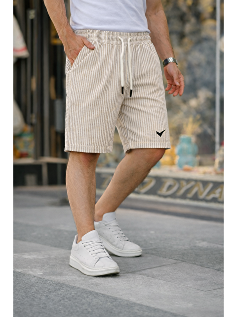 Comstar Erkek Trend Premium Nakışlı Çizgili Krem Şort