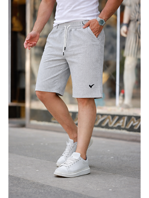Comstar Erkek Trend Premium Nakışlı Çizgili Gri Şort
