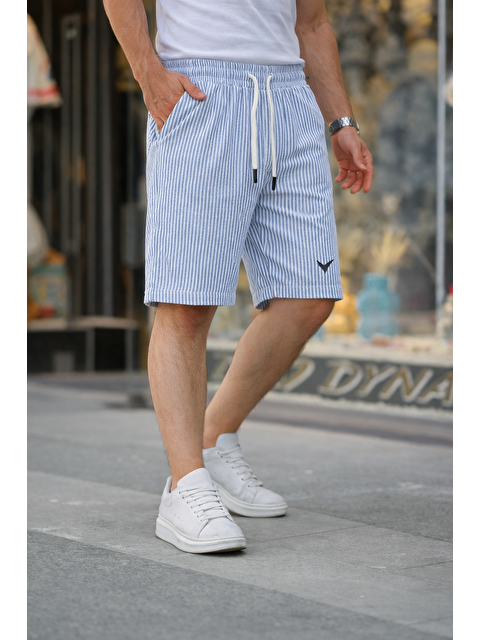 Comstar Erkek Trend Premium Nakışlı Çizgili Mavi Şort