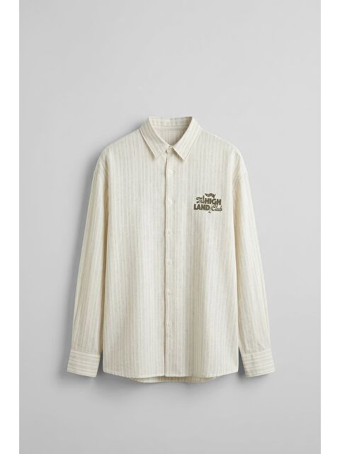 Abluka Online Erkek Oversize Pamuk Çizgili Sırt Baskılı Gömlek Haki